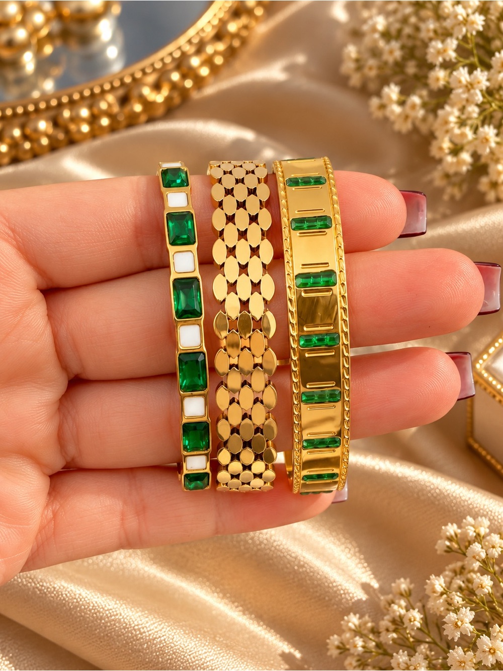 Gold & Emerald Green Stackable Bracelet Set